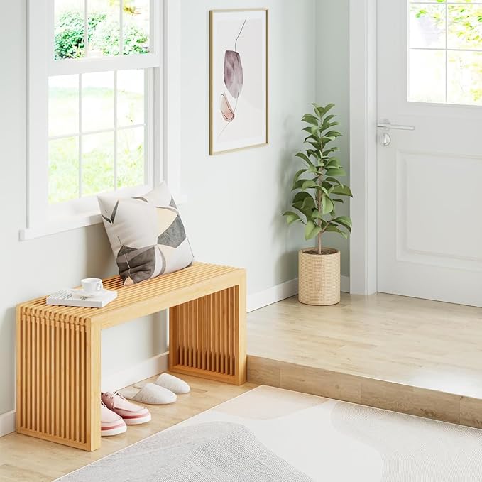 Bamboo Dining Bench, 35 inch Farmhouse Decor Indoor Kitchen Table Bench, Entryway Shoe Rack Bench Solid Bamboo Benches for Living Room, Hallway, Bedroom, Bathroom (Nature, Long-Outdoor)