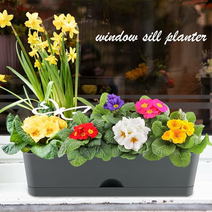 6 Pack Rectangle Planter 16x4.4 Inch Window Boxes Planters Rectangular Large Window Sill Planters Indoor Self Watering Plant Pots with Drainage Holes and Saucers Succulent Herb Flower Pots, Dark Grey