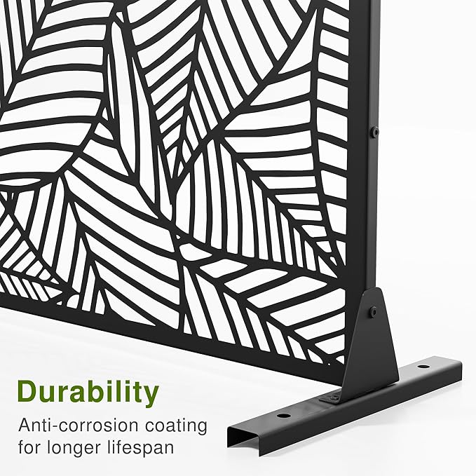 Casaphoria 72" H x 47" W Metal Outdoor Privacy Screen, Freestanding Decorative Divider for Patio, Deck, Balcony, and Garden with Stable Base, Black Leaves