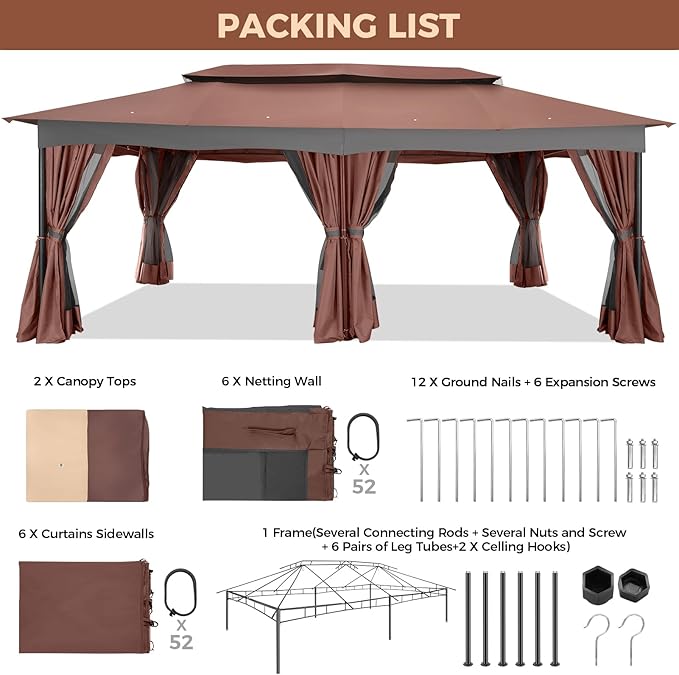 COBIZI Gazebo 12x20 Heavy Duty Gazebos with Curtain and Netting Outdoor Gazebo Canopy Double Roof Patio Gazebos with Metal Steel Frame for Patio, Deck, Backyard-Brown