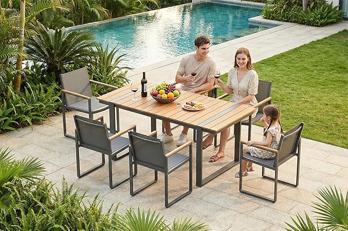 Outdoor Dining Set, HDPS + Aluminum Patio Table and Chairs Set with U-Shaped Base, 7 Piece Outdoor Furniture Set with Umbrella Hole, Patio Dining Table Set for Garden, Backyard (Gray-Teak)