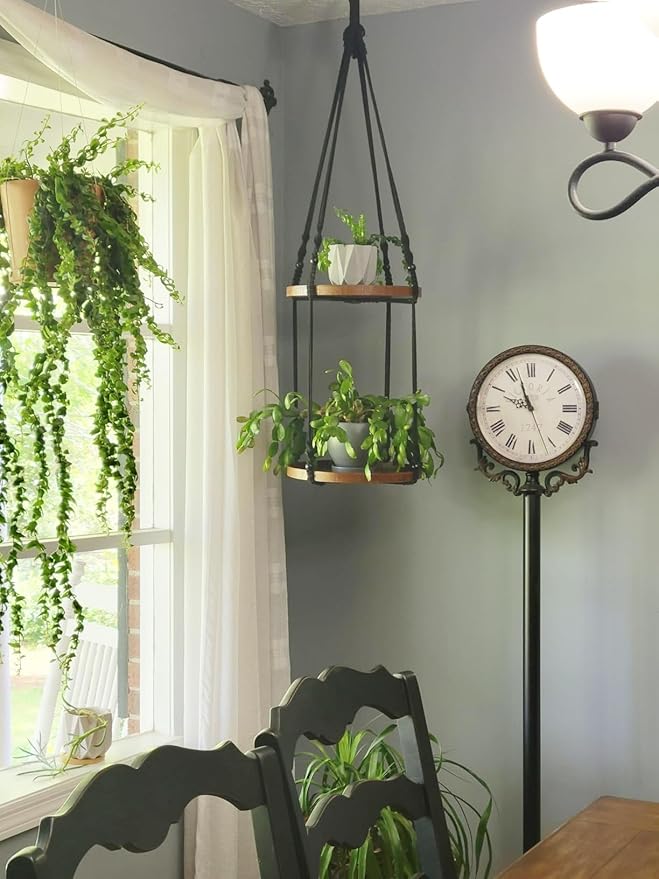 2 Tier Macrame Plant Hanger | Plant Hanger Indoor, Hanging Planter | Hanging Planter Shelf (Black) (Large, 12" Shelf)