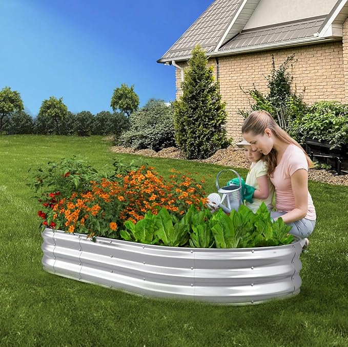Raised Garden Bed, 6x3x1ft Galvanized Outdoor Planter Beds with Safety Edging and Gloves, Oval Metal Planter Box for Gardening Vegetables Flowers Herb-Sliver