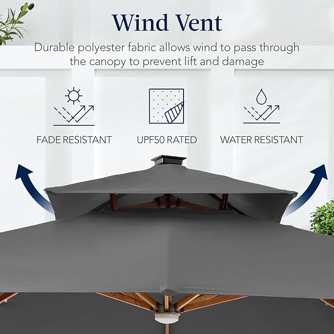 Best Choice Products 10ft Square Cantilever Patio Umbrella w/Base Included, Woodgrain Pattern Pole & Solar LED Lights, 360-Rotation, Offset Hanging Outdoor Shade - Gray