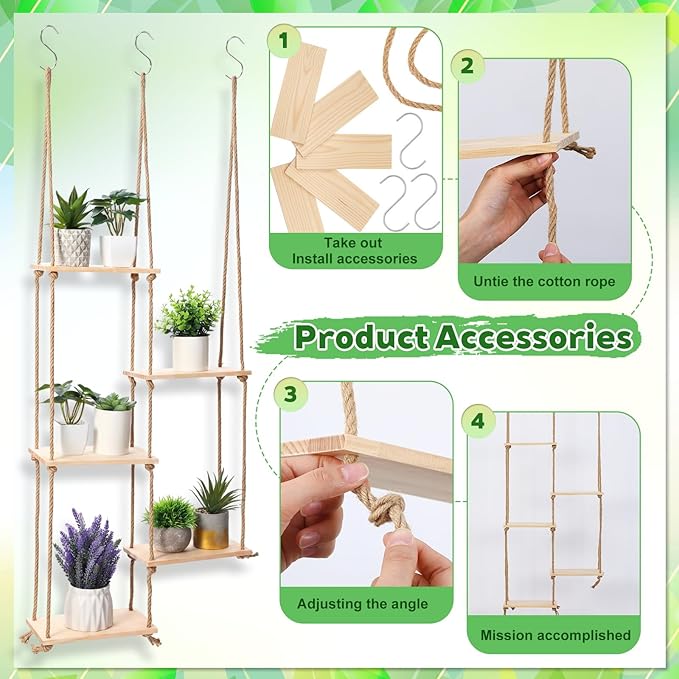 Novabright Window Hanging Plant Shelf with Wooden Shelves Macrame Rope Hanging Plant Stand with 3 S Hooks for Indoor Outdoor Bedroom Window Sill Balcony Boho Decor(Wood Color,2 Pcs)
