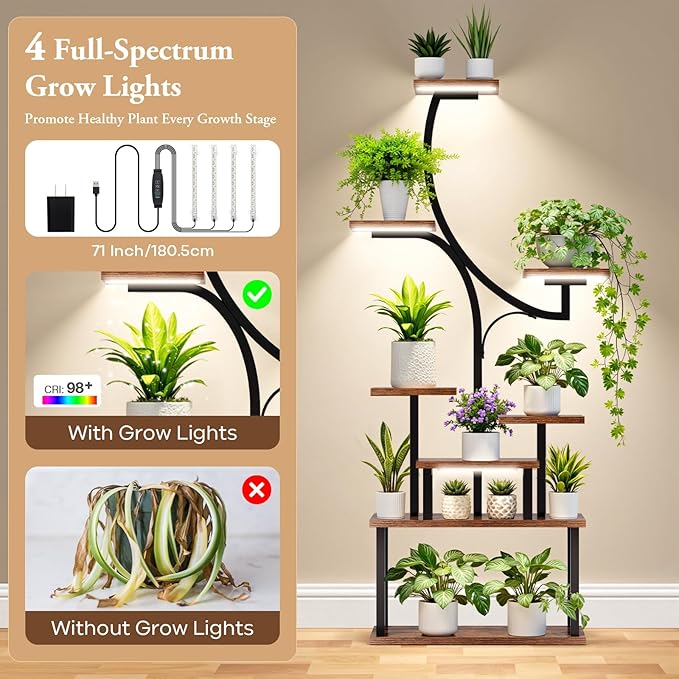 [2026 New Upgraded] Plant Stand Indoor with 4 Grow Lights & 3 Colors, 8 Tiered Corner Plant Shelf, 63" Tall Plant Stands for Indoor Plants Multiple, Metal Flower Display Shelves Holder for Home