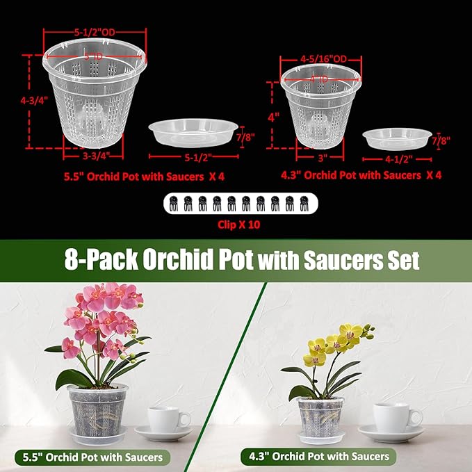 Orchid Pot with Saucers, 4 Each of 4.3",5.5" Orchid Pots with Holes, 8PcsClear Plastic Planter for Indoor Outdoor Plants (4 Each of 4.3,5.5" with Saucers)