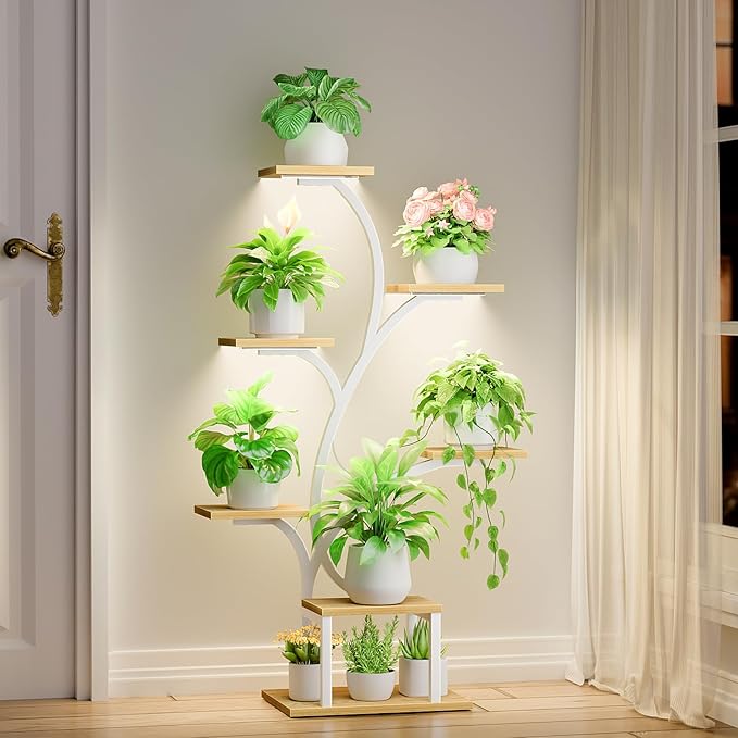 Plant Stand Indoor with Grow Lights, 7 Tiered Indoor Plant Shelf, 49" Corner Plant Stands for Indoor Plants, Metal Plant Flower Display Shelf, Tree-Shaped Plant Rack for Home, Patio, Natural