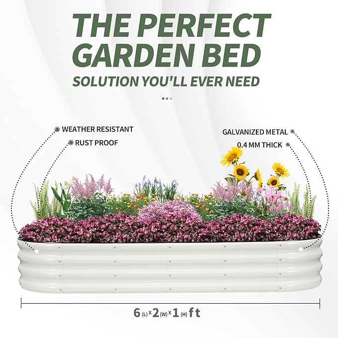 1MORE Galvanized Raised Garden Bed- Planter Garden Boxes Outdoor, Raised Beds for Gardening, 6x2x1ft Metal Garden Bed Kit for Vegetables Flower, Planter Raised Beds with Tools.White