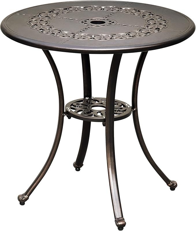 DWVO 25 Inches Round Patio Dining Table with Umbrella Hole, Antique Cast Aluminum Outdoor Bistro Table Outdoor Side Table for Backyard, Garden, Patio, Porch, Hammered Bronze