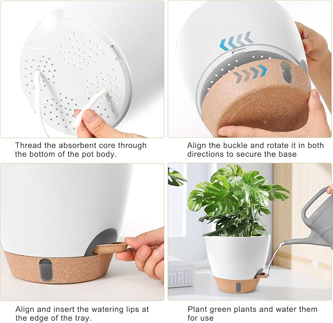Plant Pots,12/10/9/8/ Inch Large Plastic Self Watering Flower Pots Indoor Outdoor with Drainage Holes, Deep Reservoir,Nursery Planting Pot for Indoor Out Door Plants White