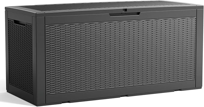 100 Gallon Outdoor Deck Box, Lockable Waterproof Outdoor Storage Boxes For Garden Tools,Indoor Cushions,Accessories Outside Storage Resin Weatherproof Container(Black)