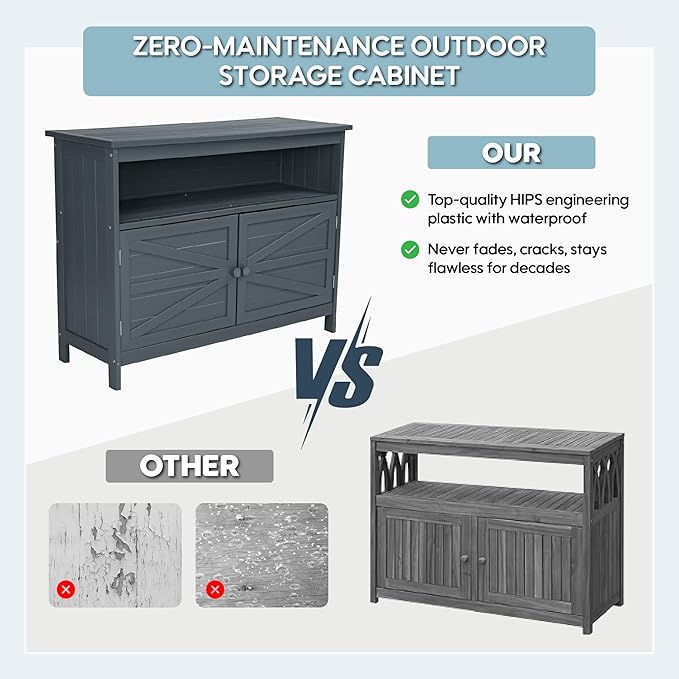 HIPS All-Weather Outdoor Storage Cabinet,Outdoor Sideboard with Magnetic Doors,3-Shelves Patio Storage Cabinet, Used for Garden,Buffet Cabinet,TV Stand, Bar Table,Balcony