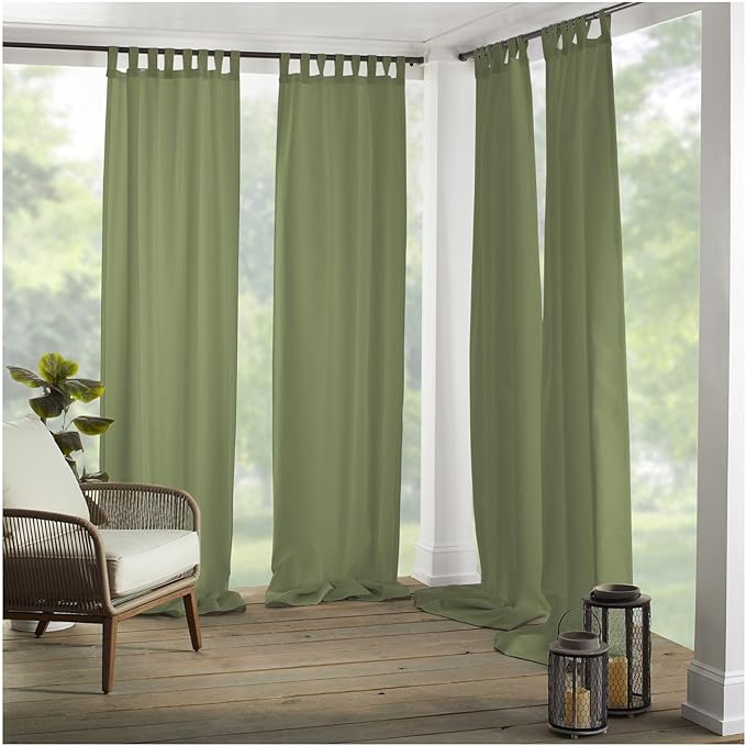 Elrene Home Fashions Matine Weatherproof Tab-Top Indoor/Outdoor Solid Color Curtain Panel for Porch, Pergola, Patio, Deck, 52”W x 108”L, Green