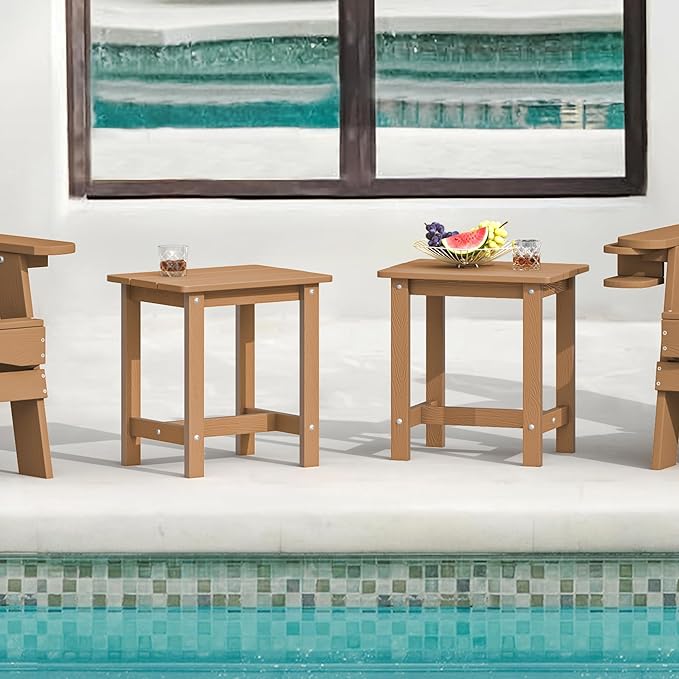 LUE BONA Outdoor Side Table Set of 2, HDPS Small Outdoor Adirondack Side Tables, Outside End Table for Patio, Porch, Deck, Pool, Weather Resistant/Easy Maintenance, Teak Color