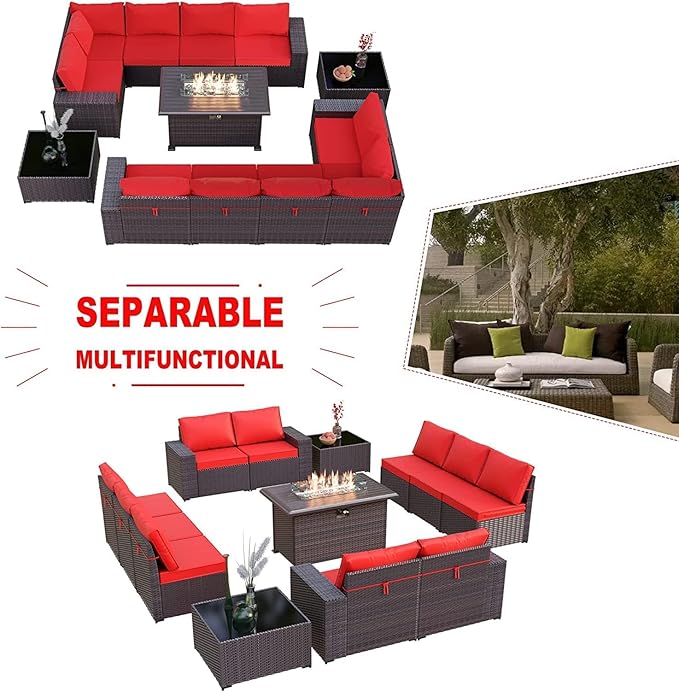 Kullavik 13 Pieces Outdoor Patio Furniture Set with 43" 55000BTU Gas Propane Fire Pit Table PE Wicker Rattan Sectional Sofa Patio Conversation Sets,Red