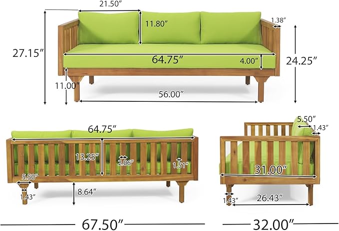 Merax Outdoor 3 Seater Daybed, Acacia Wood Day Bed Couch Sofa with Cushions for Patio Backyard, Garden, Green