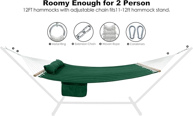 2 Person Hammocks for Outside, Double Quilted Fabric Outdoor Hammock with Spreader Bar, Large Removable Pillow, Storage Pockets, Carabiners, Max 475 lbs Capacity (Night Green)