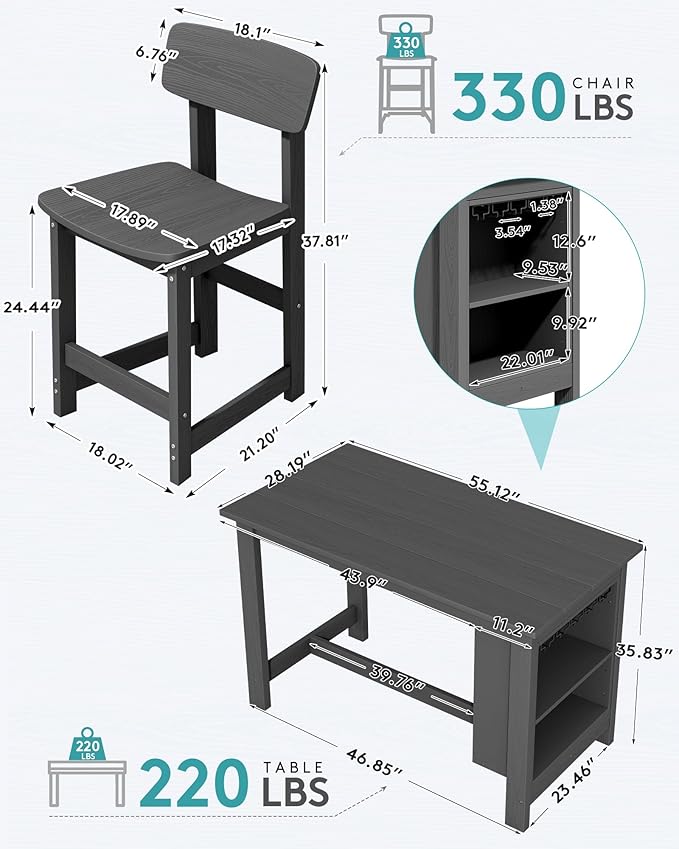SERWALL 10-Piece HDPE Counter Height Dining Table Sets with Storage and Wine Rack, 2 Rectangular Bar Table with Bar Stools Set of 8 for Garden, Backyard, Kitchen, Gray