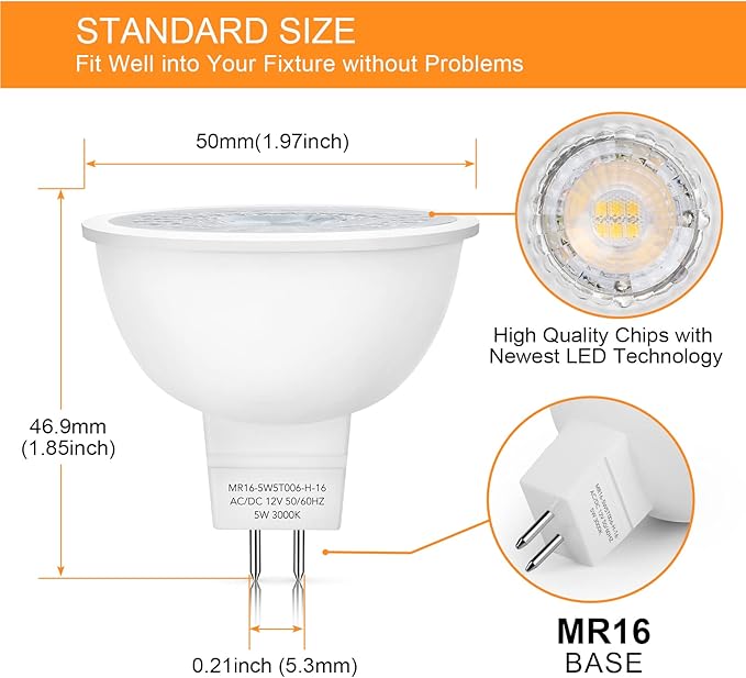 Mlambert 12 Pack MR16 LED Bulbs 50W Halogen Equivalent,3000K Soft White,5W GU5.3 MR16 12V Spotlight Bulb,Non-Dimmable,45° Beam Angle for Landscape, Recessed