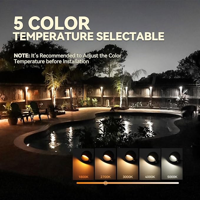 LEONLITE 12-Pack Update 5CCT LED Low Voltage Deck Lights, 180LM 3.74inch Landscape Step Railing Fence Light, 12-24V AC/DC, CRI90, Die-cast Aluminum Housing & Frosted Glass Lens, UL Cord, Black