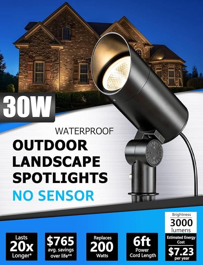 SUNVIE 30W Outdoor LED Spotlight 120V Waterproof Landscape Spotlights 3000LM Ultra Bright Spot Lights Outdoor 3000K Warm White Landscape Lights with 6 FT Cord for Flag Pole Tree Yard Path Garden Decor