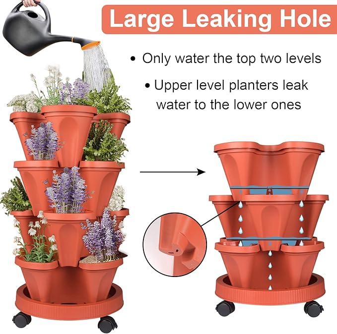 DUNCHATY Stackable Planters 4 Tier Vertical Garden Planting Tower Planters Strawberry, Herb, Flower, and Vegetable Planter Indoor Outdoor Gardening Pots with Removable Wheels and Tools, 2 Bundle