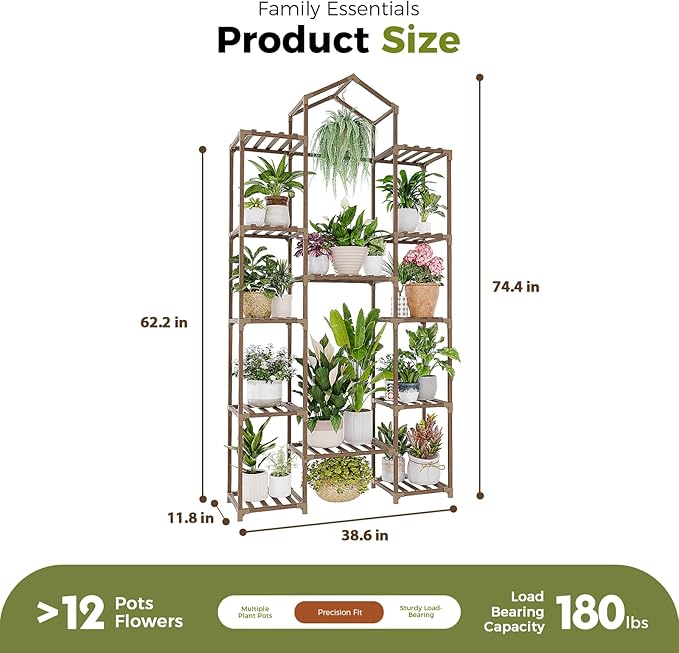 Bamworld 74.4" Tall Plant Stand Indoor Outdoor Wood Plant Shelf Hanging Plant Rack Tiered Flower Stands for Multiple Plants for Living Room Garden Balcony Patio