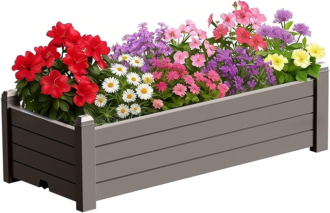 Raised Garden Bed, 21 Gallon Self-Watering Outdoor Raised Planter Box with Drainage Plug and Gauge for Vegetables, Flowers and Herbs, Durable Rustproof Resin for Backyard Patio Porch (Grey)