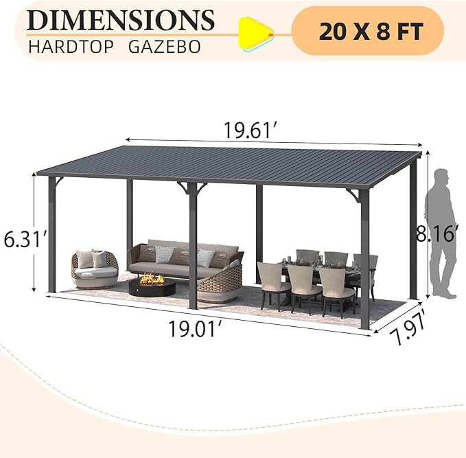 AECOJOY 8' x 20' Outdoor Hardtop Metal Gazebo for Patio, Large Lean to 20x8 Galvanized Steel Wall Mounted Pergolas and Grill Gazebos Clearance, Patio Roof Heavy Duty Metal Awnings for Backyard, Decks