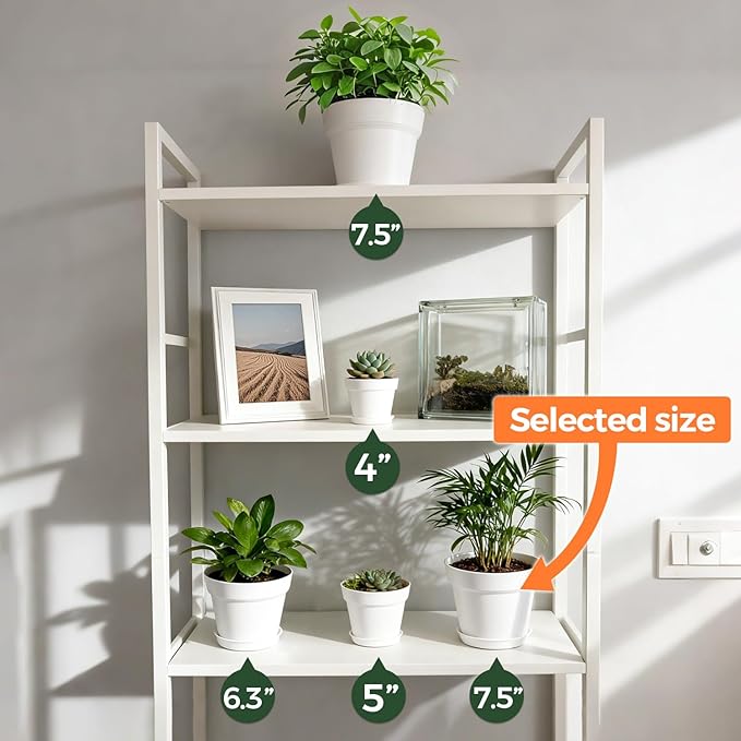 T4U 7.5 Inch Plant Pots 6 Pcs, Flower Pots for Plants, Plastic Planter Pots for Indoor Plants with Drainage Holes and Saucer (6 Pcs, 7.5", White)