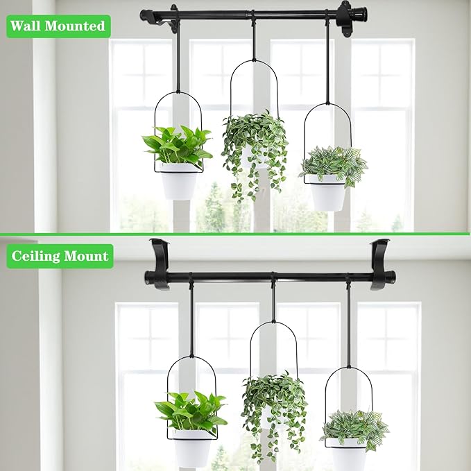 DOUBFIVSY Hanging Planters for Indoor Plants Plant Hanger, Adjustable Hanging Window Planter Hanging Wall Planter for Garden, 23in Plant Shelves Metal Holder Rod with Pots (Black)