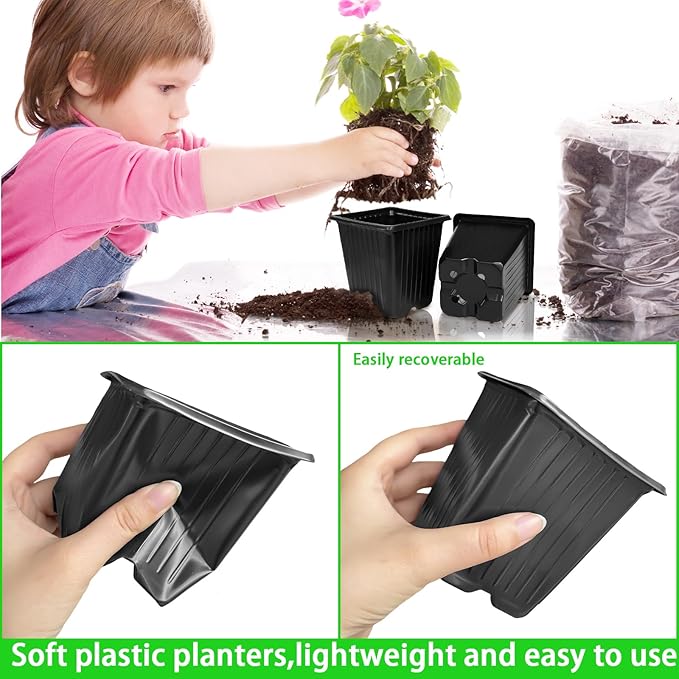 Anyumocz 100Pcs Square Plant Nursery Pots,3.5 Inch Plastic Pots with Drainage Holes,Reusable Seed Starter Pots for Flowers,Vegetables,Garden Planting,Transplanting,Succulents,Cuttings(Black)