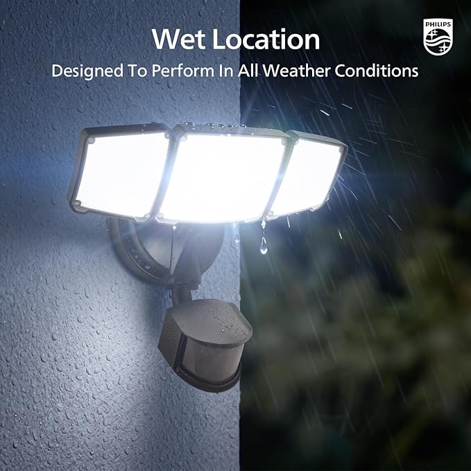 Philips 72W 7400LM LED Security Lights w/PIR Motion Sensor Outdoor, 5000K Daylight Dusk to Dawn Aluminum Flood Light, 3 Adjustable Heads, Waterproof for Garage, Yard, Porch