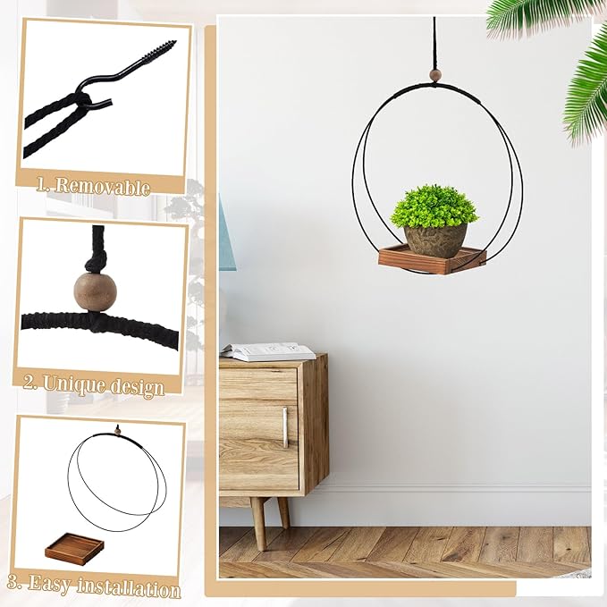 Geelin 2 Pack Plant Hanger with Wood Base Hanging Window Planter Boho Macrame Hanging Plant Holders for Window Indoor Outdoor Room Ceiling Home Decorations (Brown)