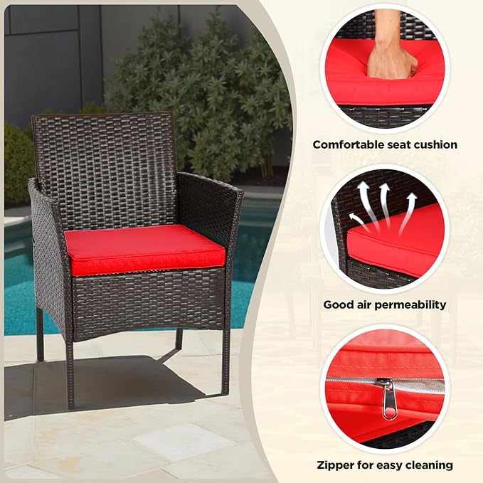 FDW | 4-Piece Patio Furniture Set | Brown & Red | Outdoor Wicker Furniture with Coffee Table | Modern Rattan Chairs Conversation Set | Outdoor Seating | Weather-Resistant | for Porch, Garden, Lawn