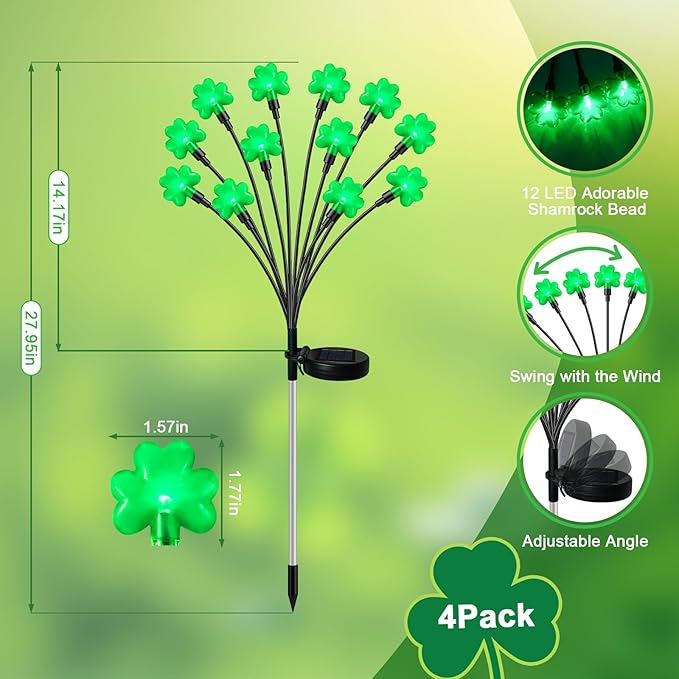 HELESIN St Patricks Day Decorations, 4 Pack St Patricks Day Outdoor Solar Lights with 2 Modes, Waterproof Shamrock Lucky Green Solar Stake Tree Lights for Yard Pathway Lawn Decorations