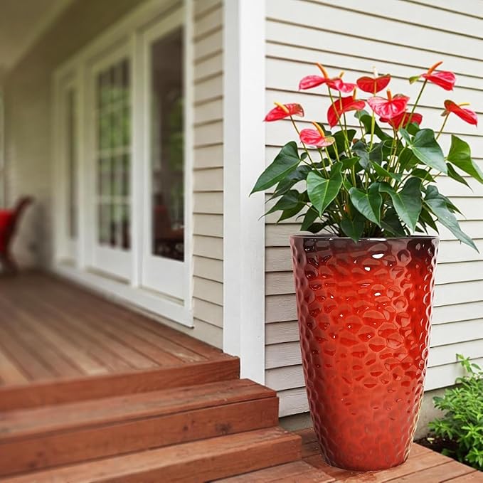 Worth 2 Pack 24" Tall Large Plastic Planter with Drainage Hole, Round Decorative Flower Plant Pit for Indoor or Outdoor Gardening, Glossy Red