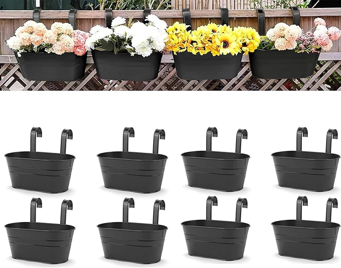 OGIMA 8pcs Hanging Planters Flower Pots, Metal Iron Wall Planter Indoor/Outdoor for Railing Balcony Garden Home Decoration with Detachable Hooks