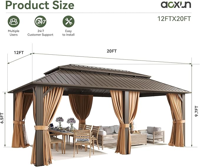 Aoxun 10x12 Gazebo Outdoor Hardtop Gazebo with Double Galvanized Steel Roof Metal Frame Pavilion with Breathable Netting and Privacy Curtain for Backyard (Brown)