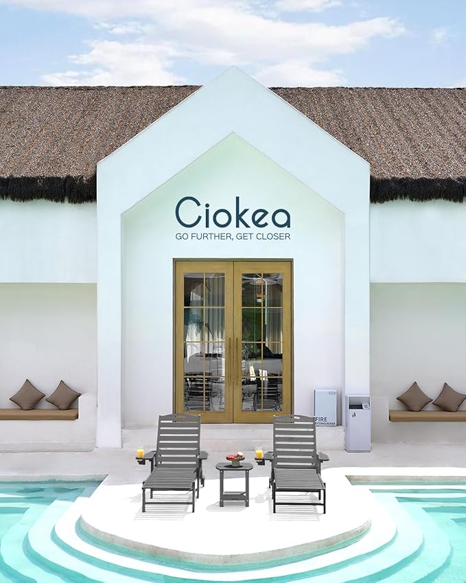 Ciokea Outdoor Lounge Chair Set of 4, All Weather Patio Chaise Lounge Chair for Outside, HDPE Chair with Rolling Wheels & Cup Holder, 5 Position, Deck, Pool, Dark Grey