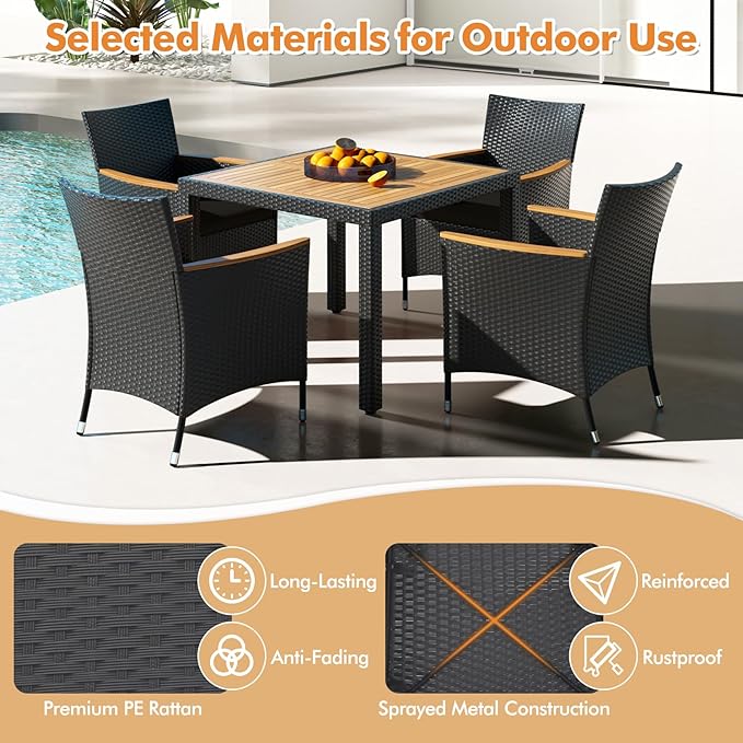 Tangkula 5 Pieces Rattan Outdoor Dining Set for 4, Outdoor Acacia Wood Table Set with 4 Cushioned Wicker Chairs, Umbrella Hole, Patio Dining Furniture Set for Deck Pool Backyard