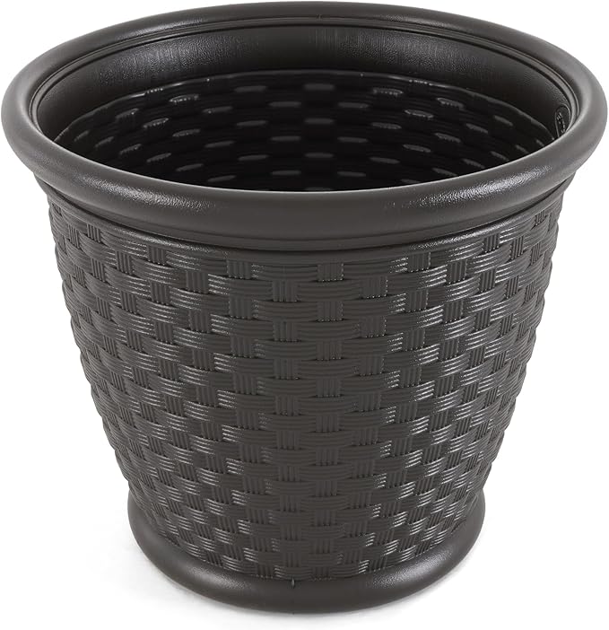 Suncast Sonora 18 Inch Lightweight Durable Plastic Wicker Decorative Flower Planter Pot for Yard, Garden, Indoor or Outdoor Use, Brown