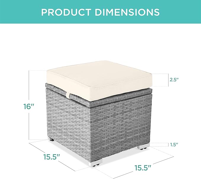 Best Choice Products Set of 2 Wicker Ottomans, Multipurpose Outdoor Furniture for Patio, Backyard, Additional Seating, Footrest, Side Table w/Storage, Removable Cushions - Cream/Gray