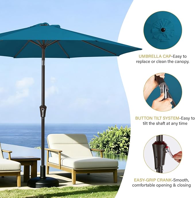 MEWAY 9ft Patio Umbrella Outdoor Table Umbrellas with Push Button Tilt and Crank, Market Umbrella 8 Sturdy Ribs for Deck, Garden, Pool and Backyard, Lake Blue