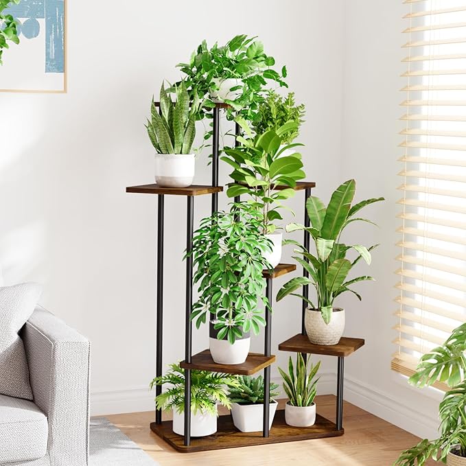 Bamworld Large Plant Stand Indoor 7 Tier Tall Metal Plant Shelf for Multiple Plants Tiered Flower Stand for Patio Garden Balcony Living Room Bedroom Brown