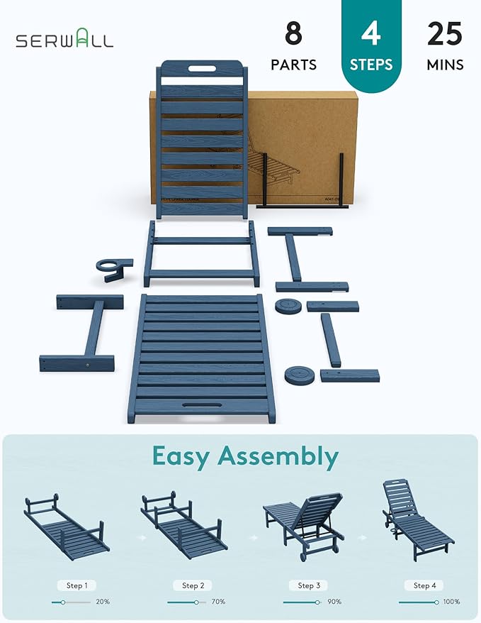 SERWALL Outdoor Chaise Lounge Set of 2 with 9FT Umbrella, HDPE Pool Lounge Chair with 5-Position Adjustable Backrest, Patio Lounger with Rolling Wheels & Cup Holder for Pool, Navy