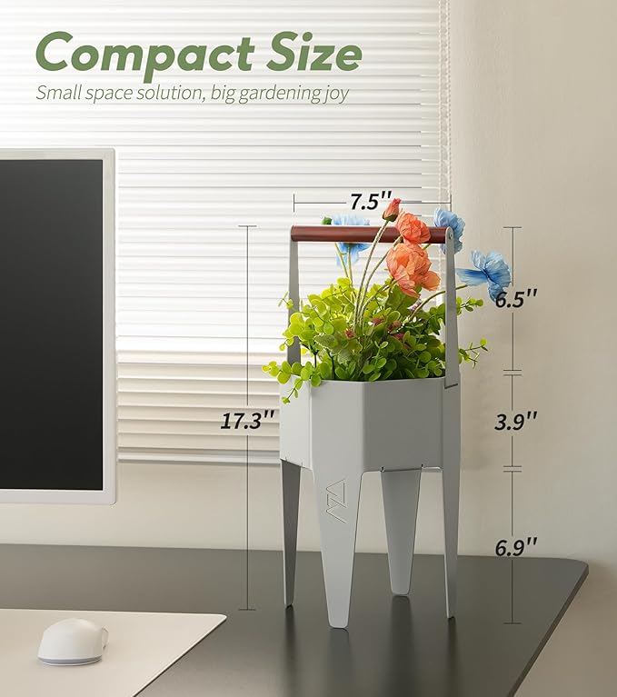 Planter with Stand, Metal 2 in 1 Portable Planter with Grow Bags & Handle, Stable Stylish Indoor Plant Pots with Stand, Modern Flower Pots Outdoor, 7.5'' x 17.3'', White, Plant Not Included
