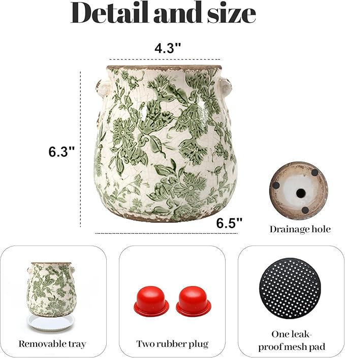 Vintage Plant Pot Rustic Planter Container with Drainage Hole Ceramic Ice Crack Flower Pot Decorative Planter for Indoor and Outdoor Tuscan Decor Vase Gardening Gift (Green)
