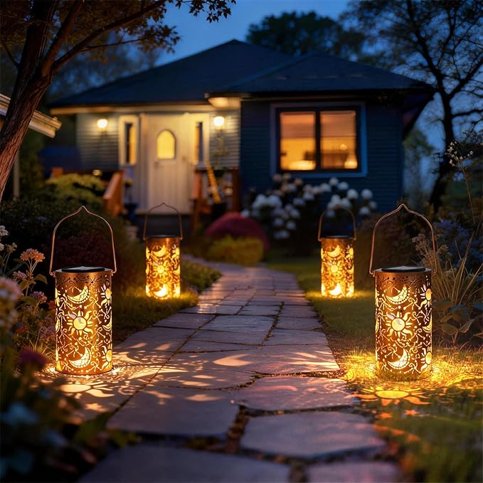 Solar Lanterns Outdoor Hanging Lantern Lights,Sun Moon Metal Decor Lanterns-Waterproof LED Decorative Light for Garden Patio Yard Lawn Backyard Front Porch as Gifts for Mom Grandma Women